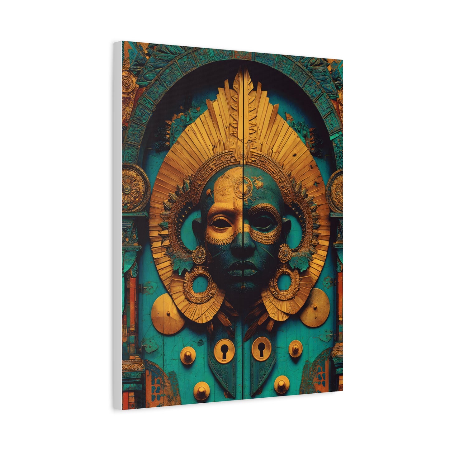 Gold & Teal Tribal Mask Matte Canvas Art — Stretched Wall Decor