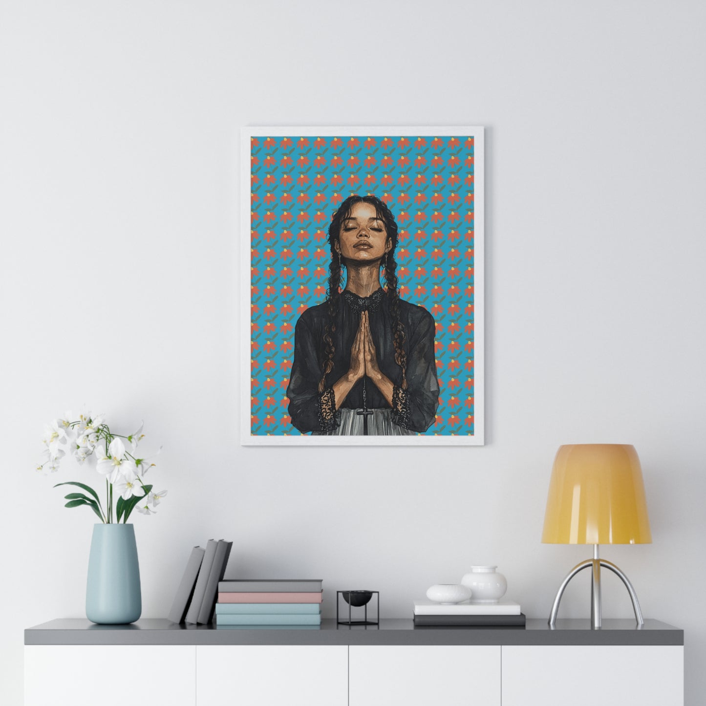 Serene Prayer Vertical Framed Poster, Meditation Art Print, Bohemian Wall Decor, Inspirational Home Decor, Gift for Her