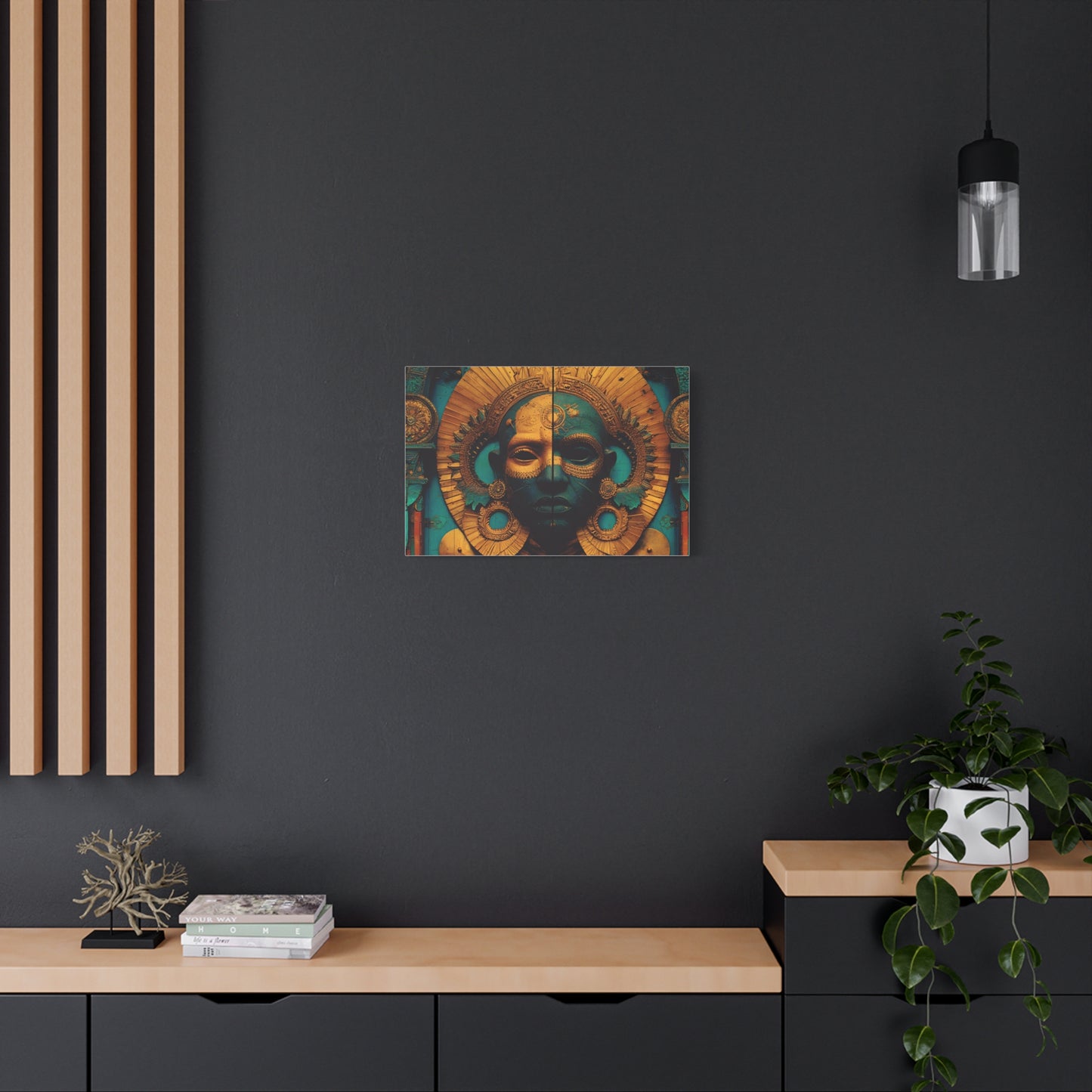Gold & Teal Tribal Mask Matte Canvas Art — Stretched Wall Decor