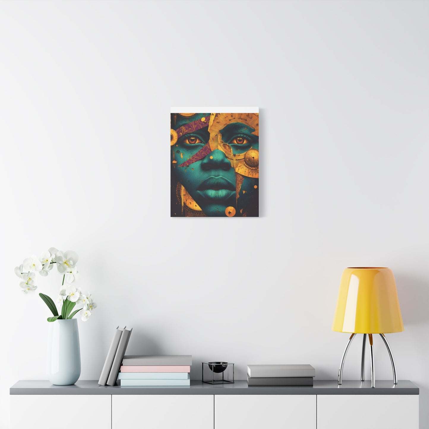 Afro-Futurist Portrait Matte Stretched Canvas — Teal & Gold Face Wall Art