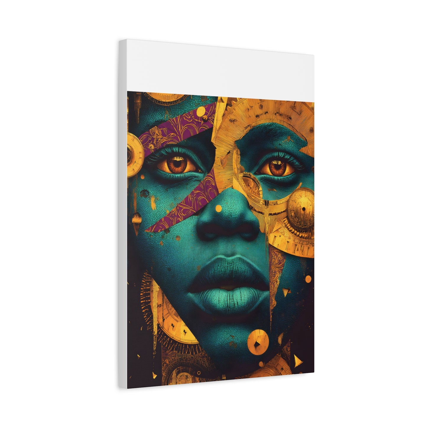 Afro-Futurist Portrait Matte Stretched Canvas — Teal & Gold Face Wall Art