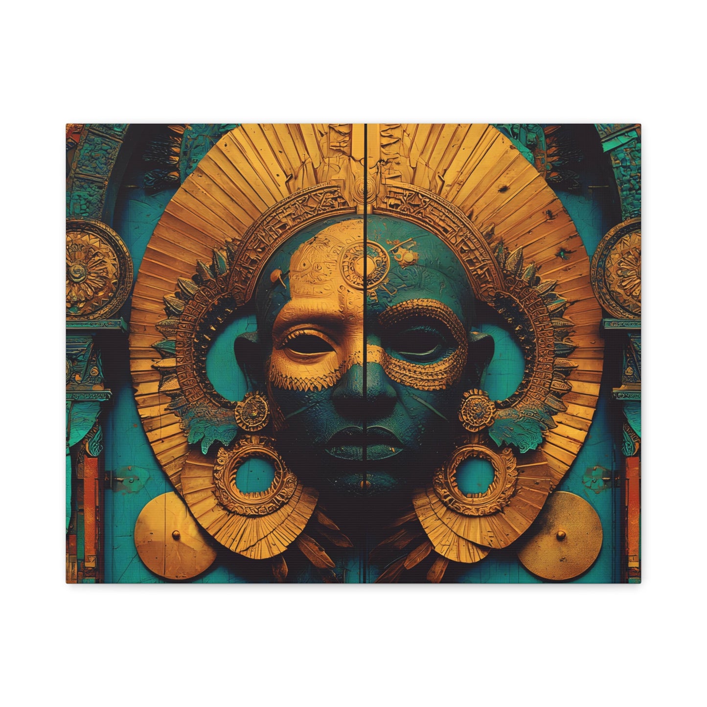 Gold & Teal Tribal Mask Matte Canvas Art — Stretched Wall Decor