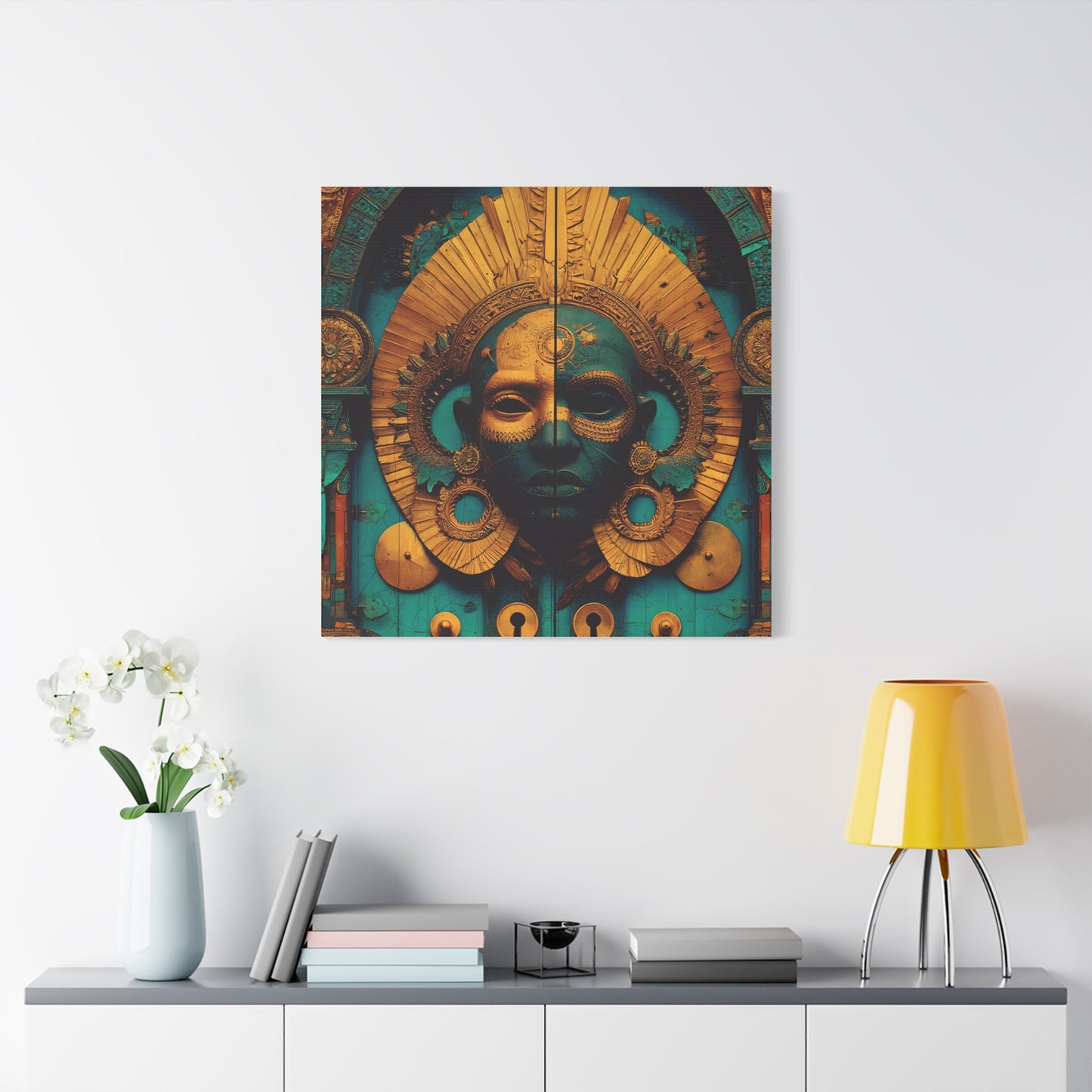 Gold & Teal Tribal Mask Matte Canvas Art — Stretched Wall Decor