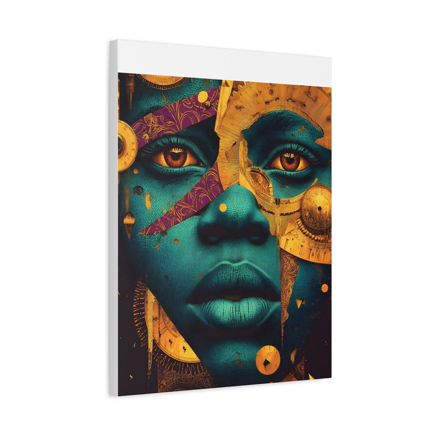 Afro-Futurist Portrait Matte Stretched Canvas — Teal & Gold Face Wall Art