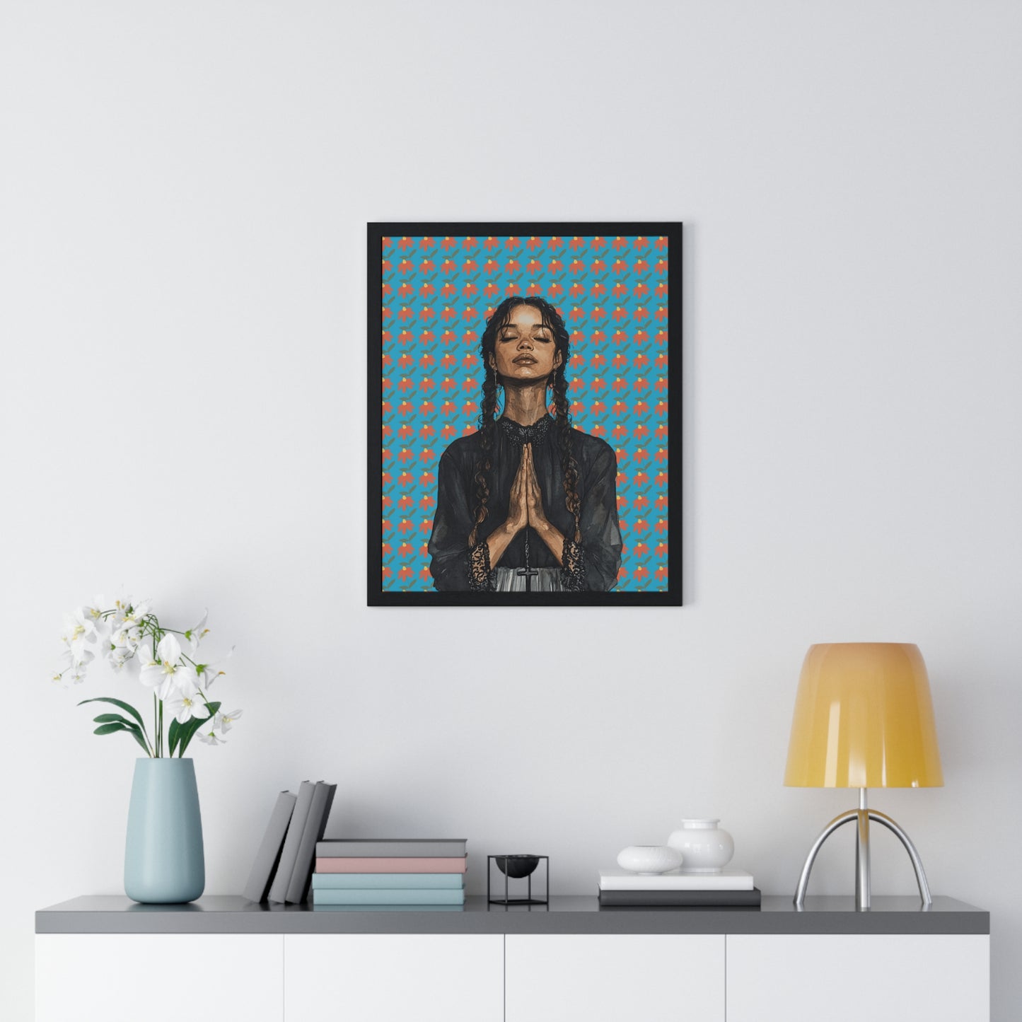 Serene Prayer Vertical Framed Poster, Meditation Art Print, Bohemian Wall Decor, Inspirational Home Decor, Gift for Her