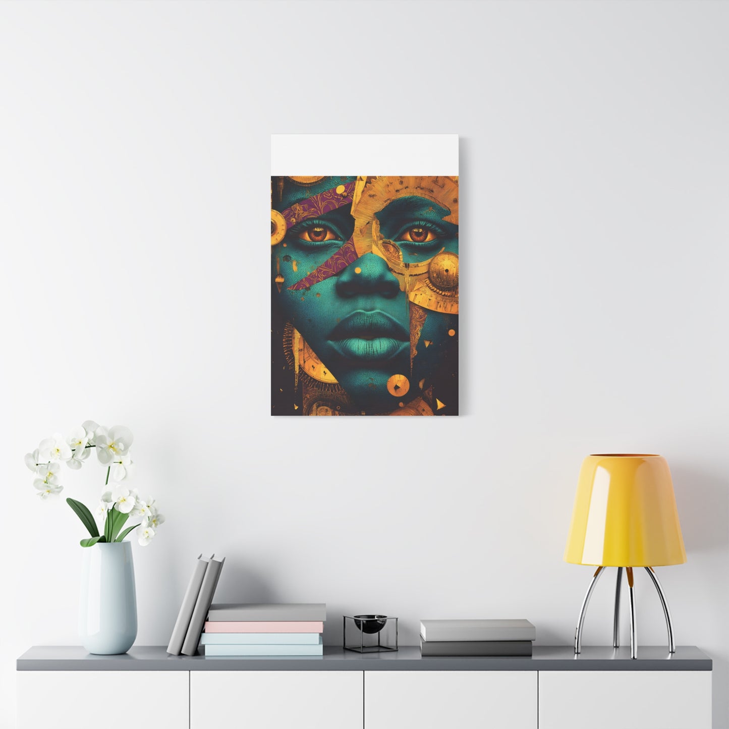 Afro-Futurist Portrait Matte Stretched Canvas — Teal & Gold Face Wall Art