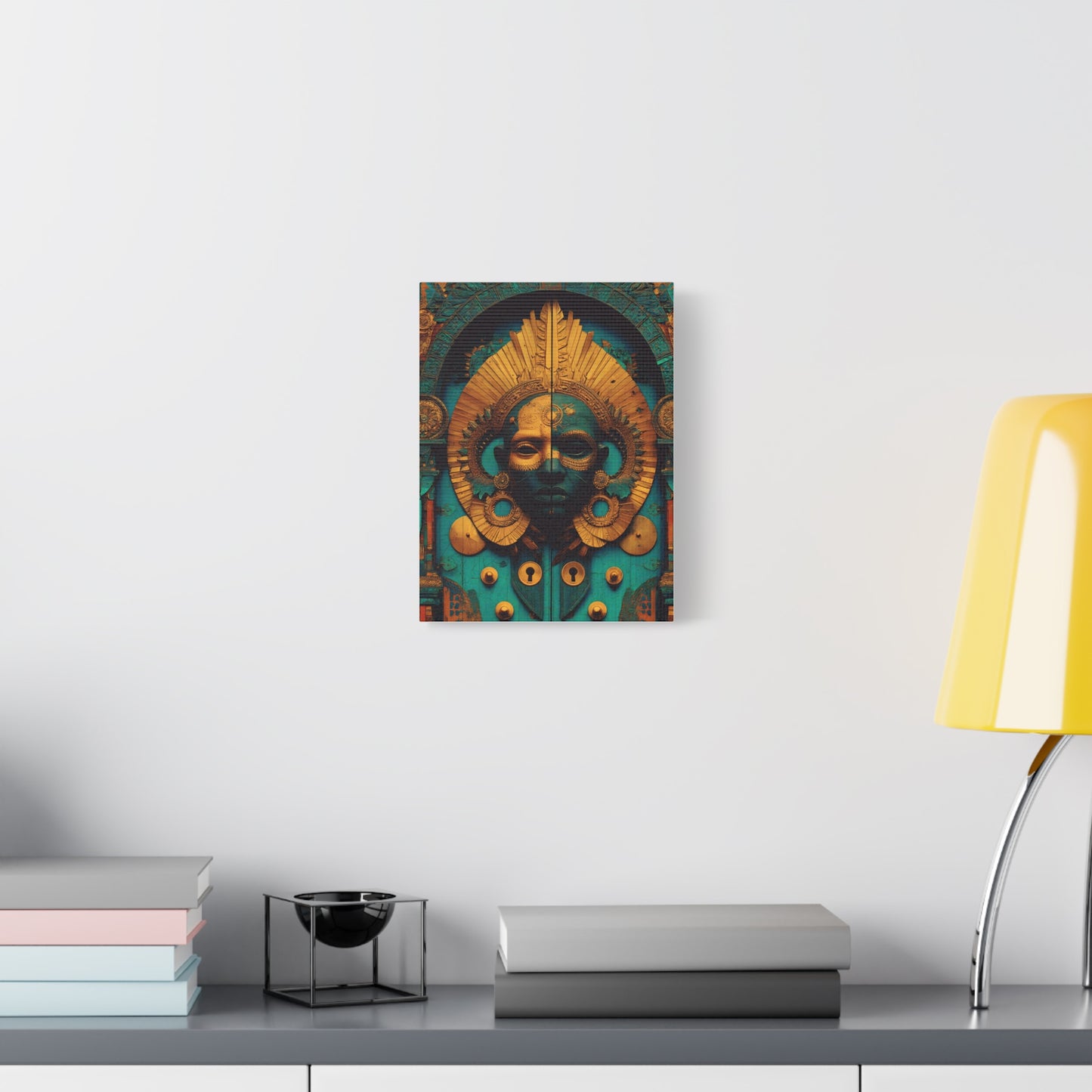 Gold & Teal Tribal Mask Matte Canvas Art — Stretched Wall Decor
