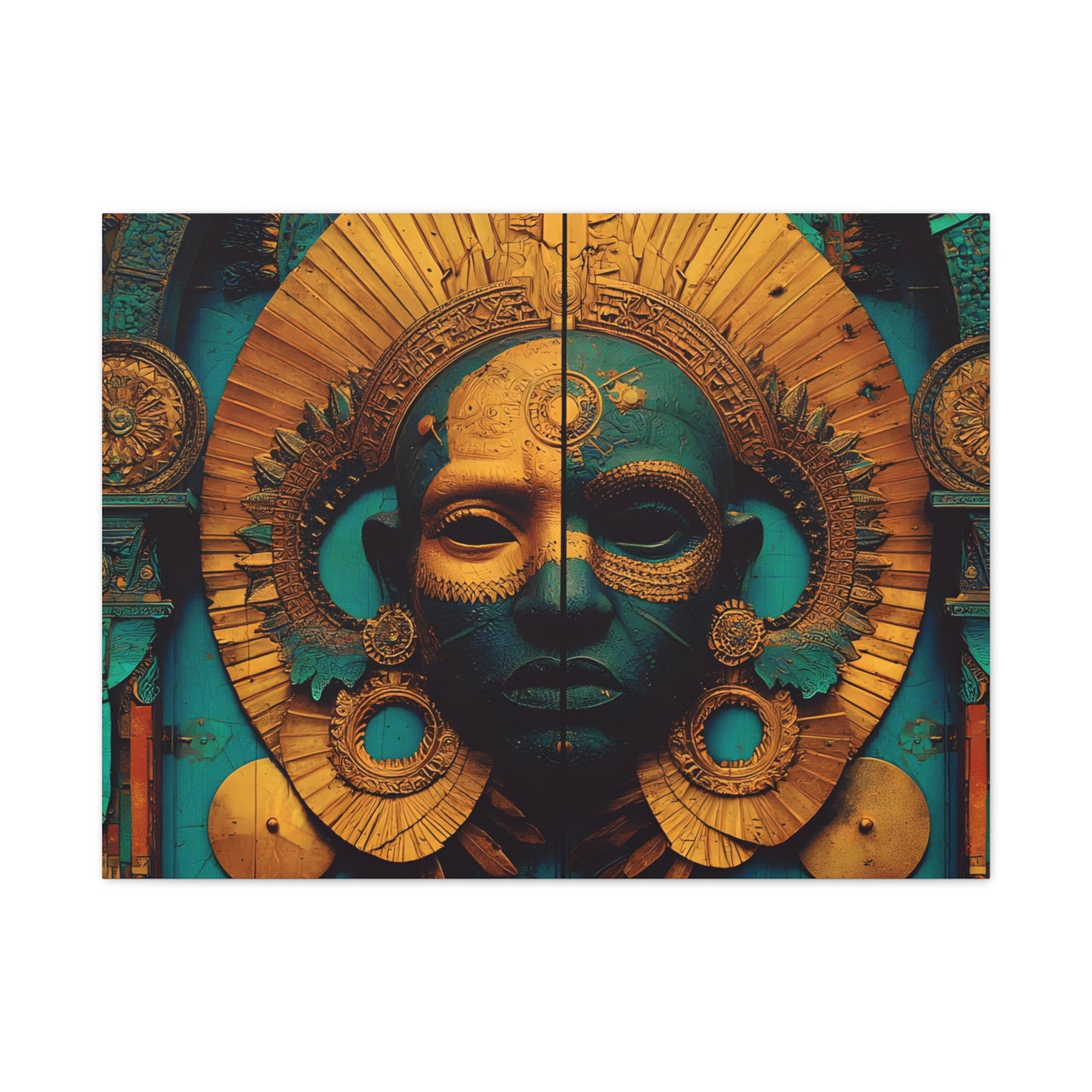 Gold & Teal Tribal Mask Matte Canvas Art — Stretched Wall Decor