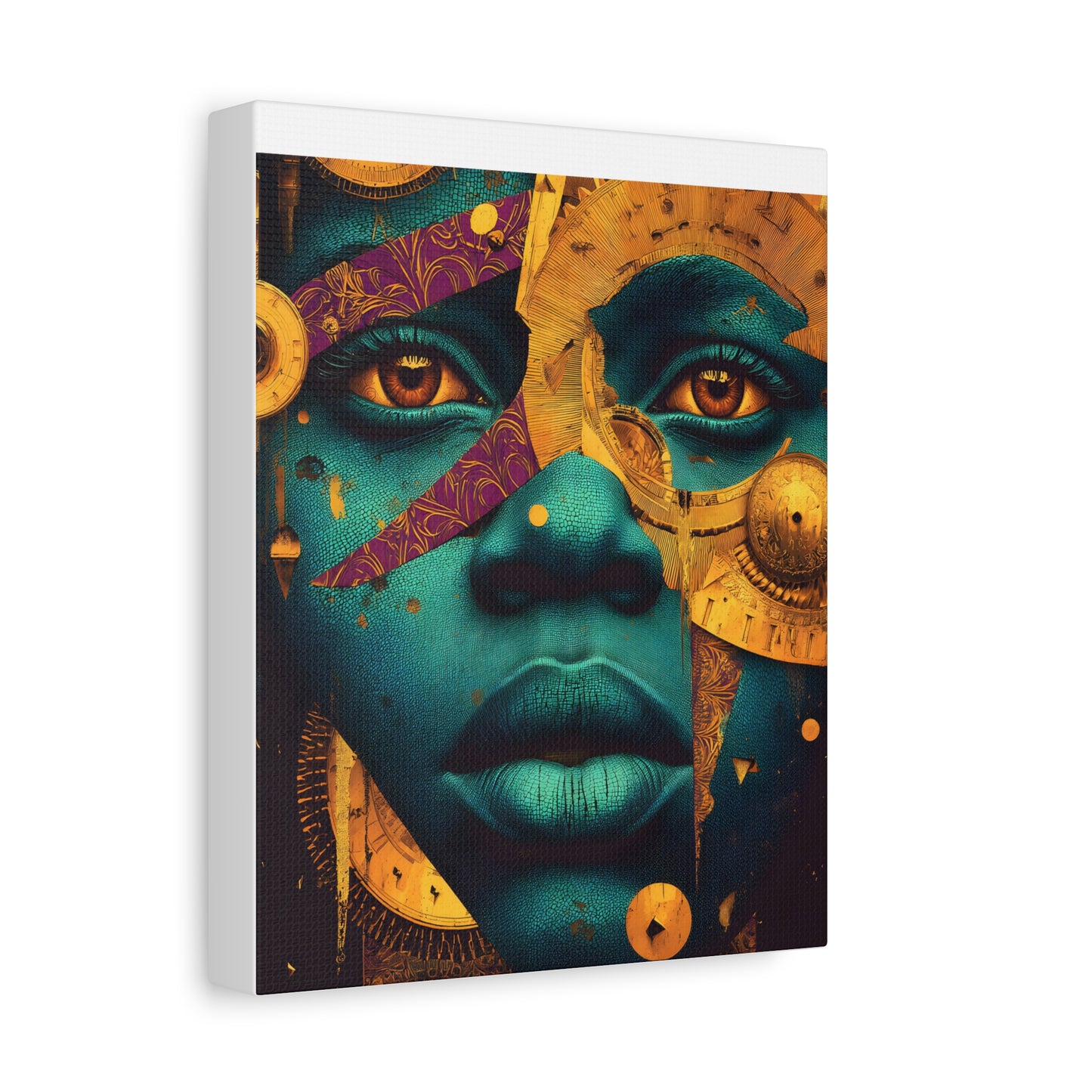 Afro-Futurist Portrait Matte Stretched Canvas — Teal & Gold Face Wall Art