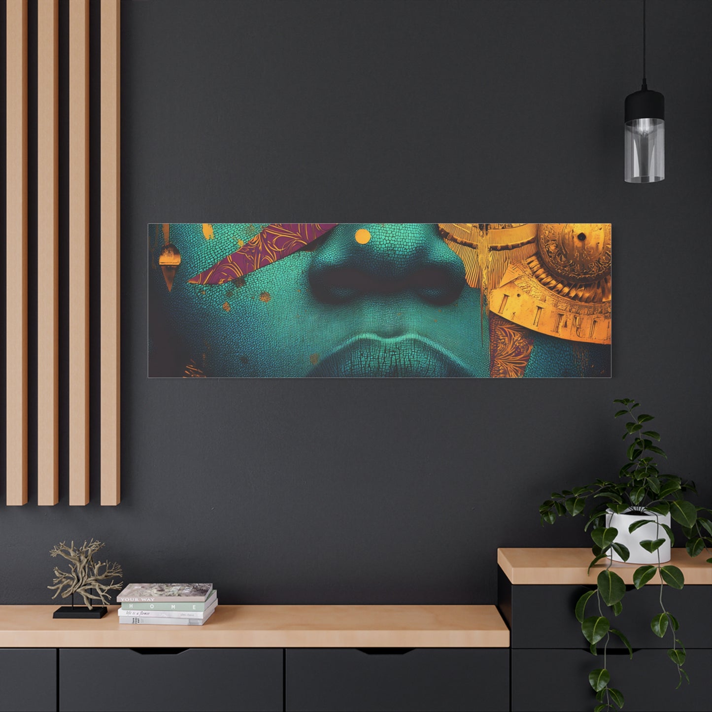Afro-Futurist Portrait Matte Stretched Canvas — Teal & Gold Face Wall Art
