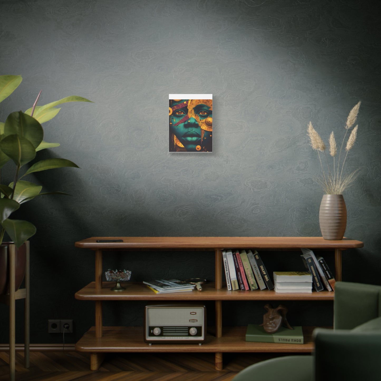 Afro-Futurist Portrait Matte Stretched Canvas — Teal & Gold Face Wall Art