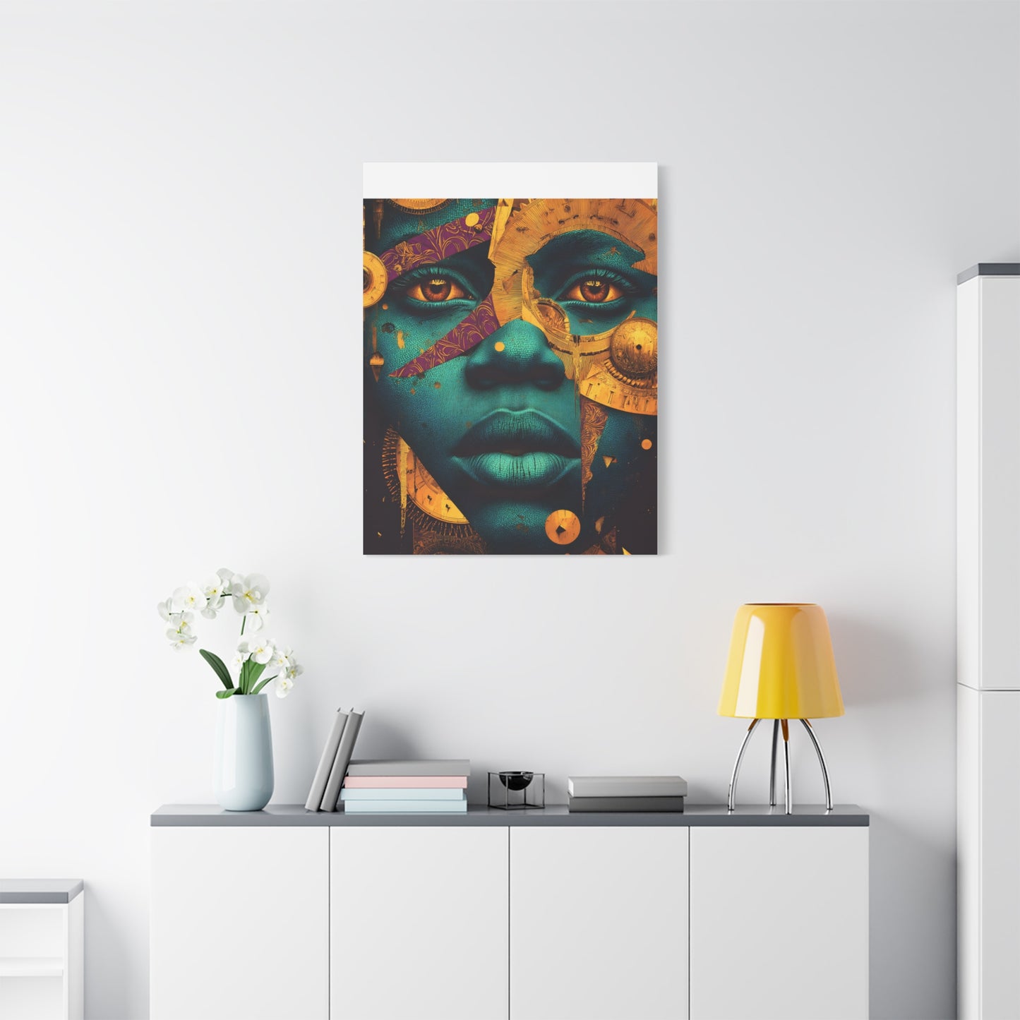 Afro-Futurist Portrait Matte Stretched Canvas — Teal & Gold Face Wall Art