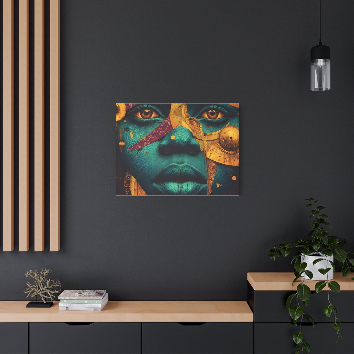 Afro-Futurist Portrait Matte Stretched Canvas — Teal & Gold Face Wall Art