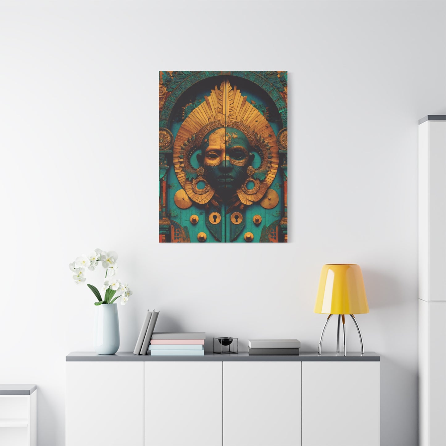 Gold & Teal Tribal Mask Matte Canvas Art — Stretched Wall Decor