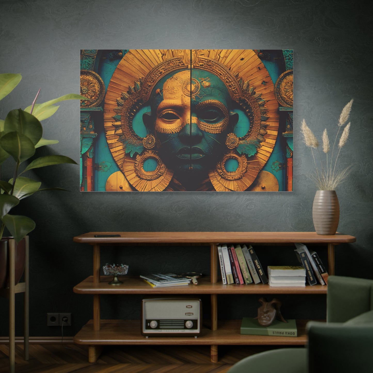 Gold & Teal Tribal Mask Matte Canvas Art — Stretched Wall Decor