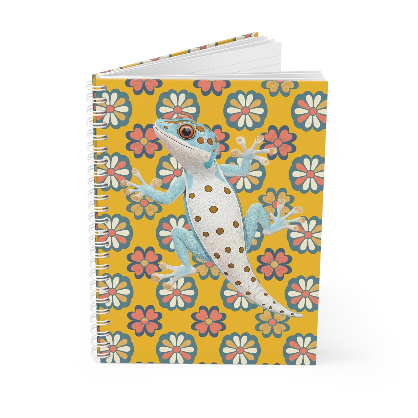 Gecko Floral Spiral Notebook — Cute Blue Gecko on Retro Daisy Pattern