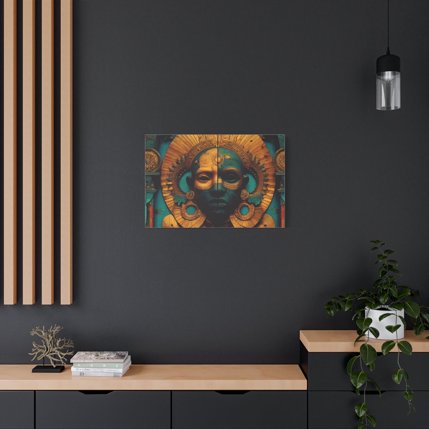 Gold & Teal Tribal Mask Matte Canvas Art — Stretched Wall Decor