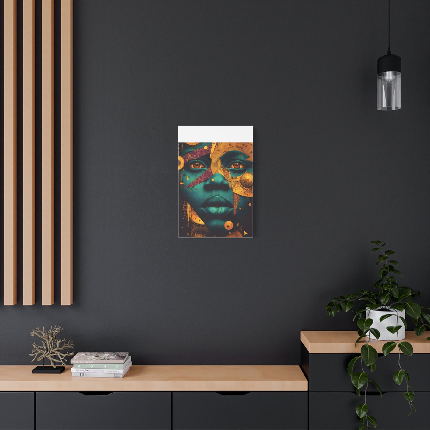 Afro-Futurist Portrait Matte Stretched Canvas — Teal & Gold Face Wall Art