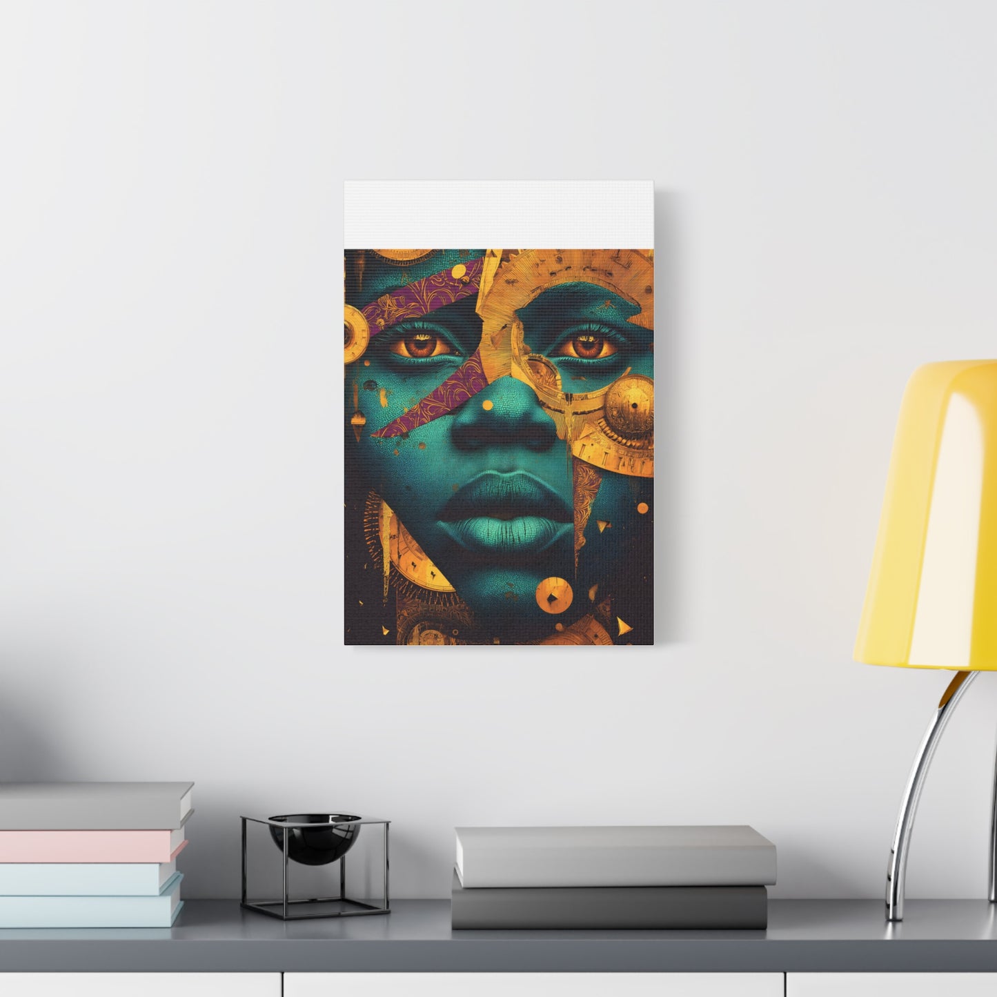 Afro-Futurist Portrait Matte Stretched Canvas — Teal & Gold Face Wall Art
