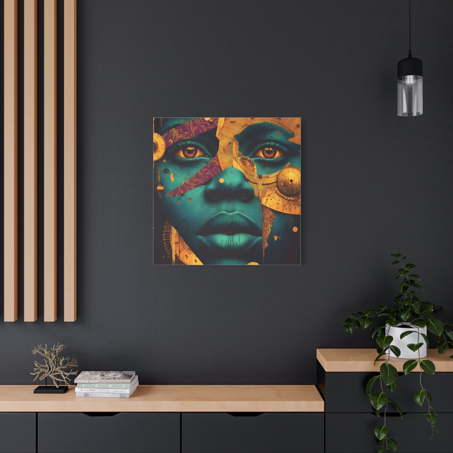 Afro-Futurist Portrait Matte Stretched Canvas — Teal & Gold Face Wall Art