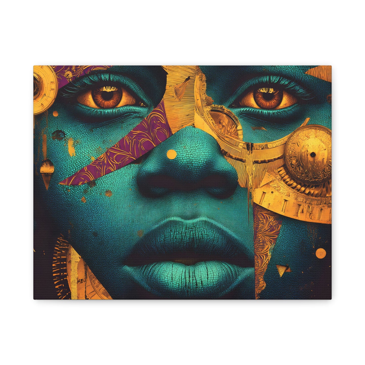 Afro-Futurist Portrait Matte Stretched Canvas — Teal & Gold Face Wall Art