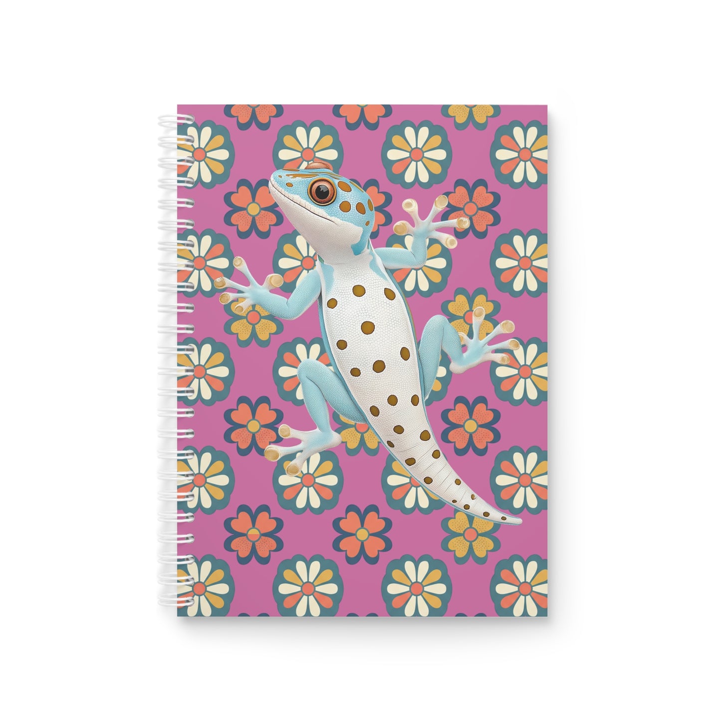 Gecko Floral Spiral Notebook — Cute Blue Gecko on Retro Daisy Pattern