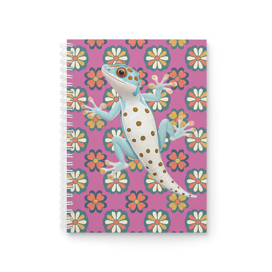 Gecko Floral Spiral Notebook — Cute Blue Gecko on Retro Daisy Pattern
