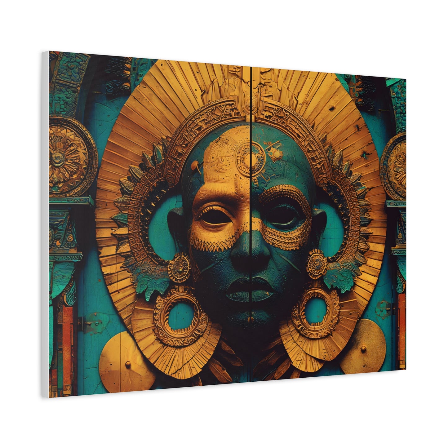 Gold & Teal Tribal Mask Matte Canvas Art — Stretched Wall Decor