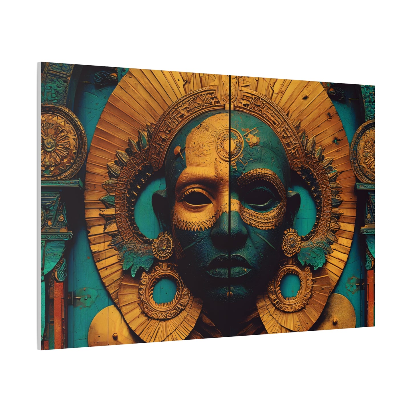 Gold & Teal Tribal Mask Matte Canvas Art — Stretched Wall Decor
