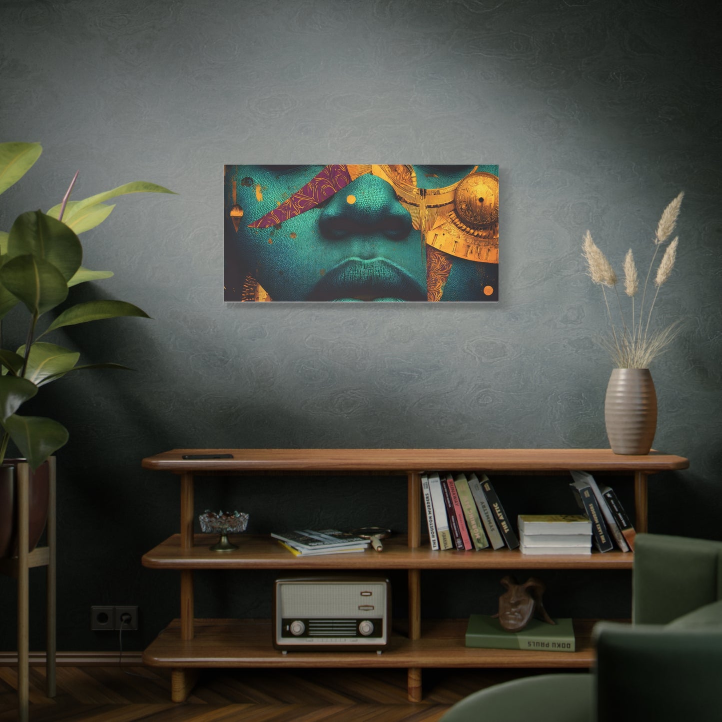 Afro-Futurist Portrait Matte Stretched Canvas — Teal & Gold Face Wall Art