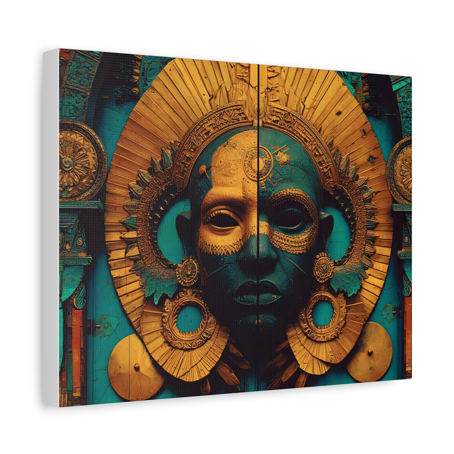 Gold & Teal Tribal Mask Matte Canvas Art — Stretched Wall Decor