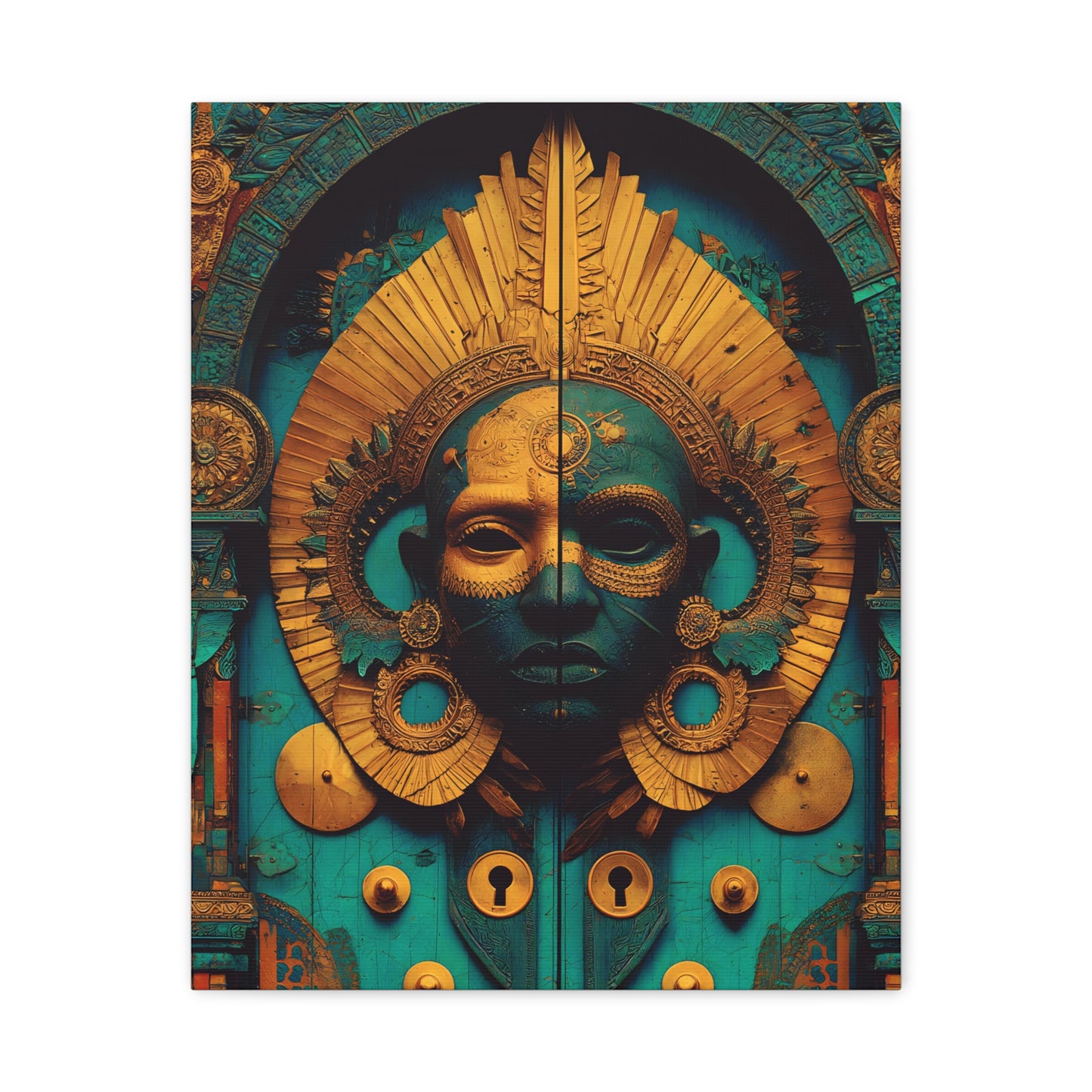 Gold & Teal Tribal Mask Matte Canvas Art — Stretched Wall Decor