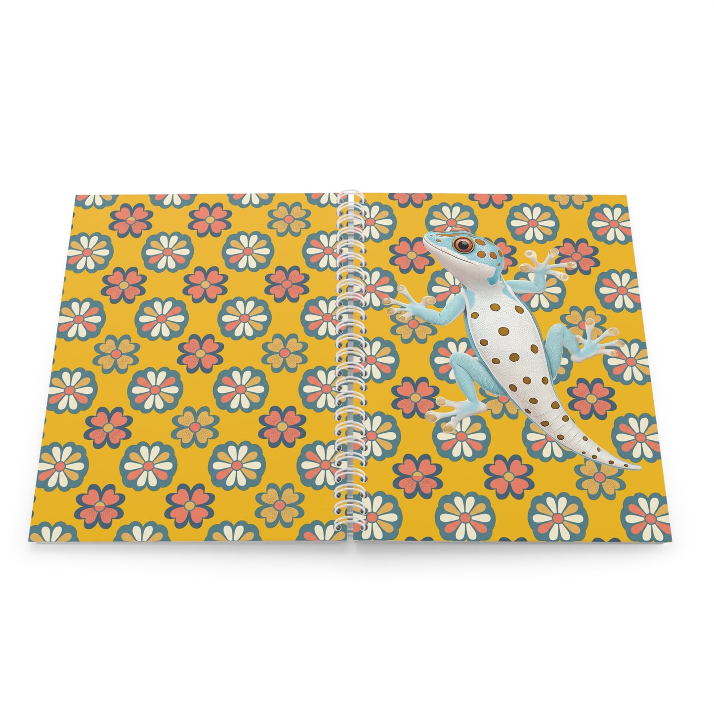 Gecko Floral Spiral Notebook — Cute Blue Gecko on Retro Daisy Pattern
