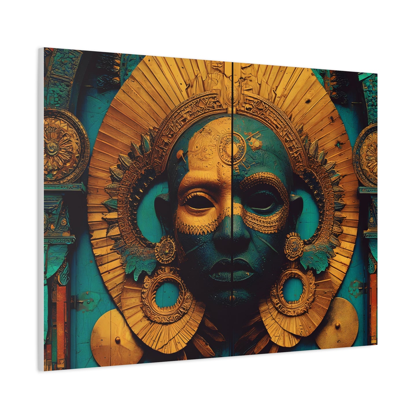 Gold & Teal Tribal Mask Matte Canvas Art — Stretched Wall Decor