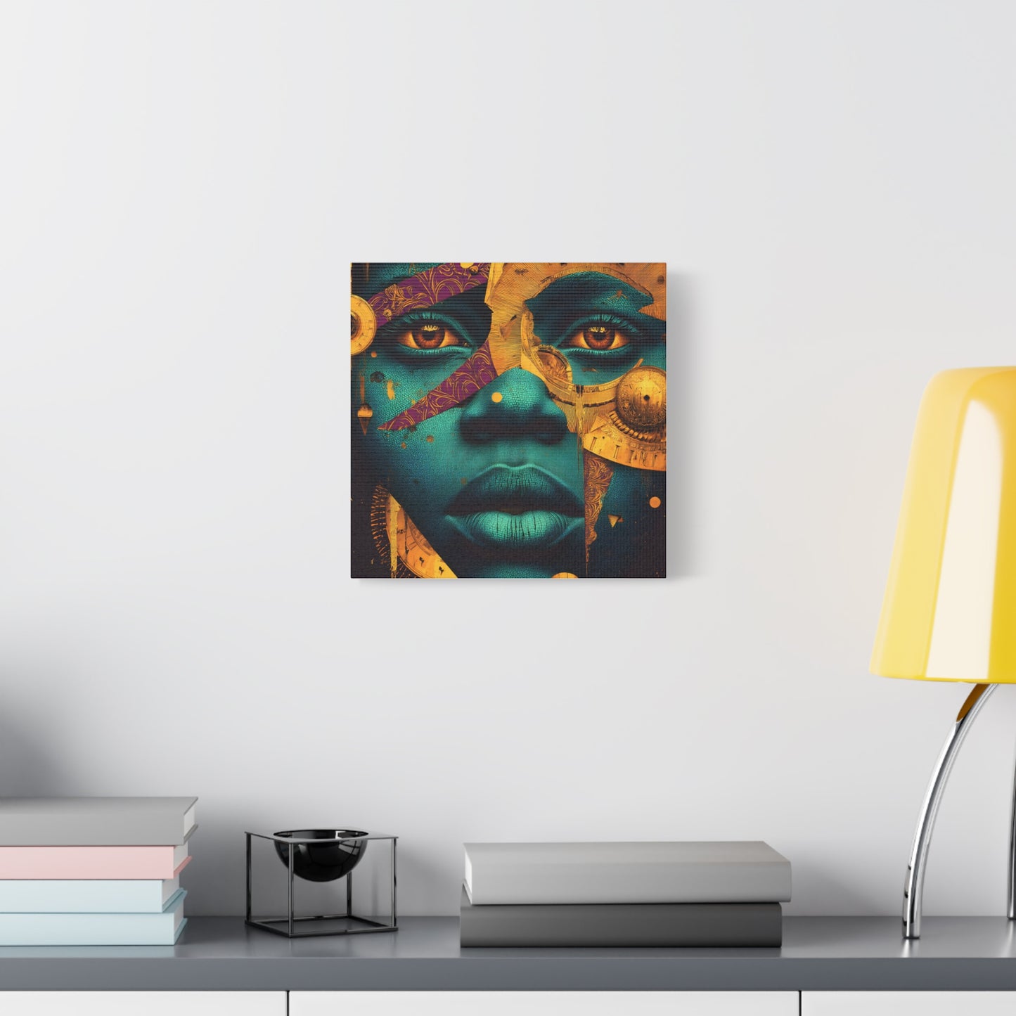 Afro-Futurist Portrait Matte Stretched Canvas — Teal & Gold Face Wall Art