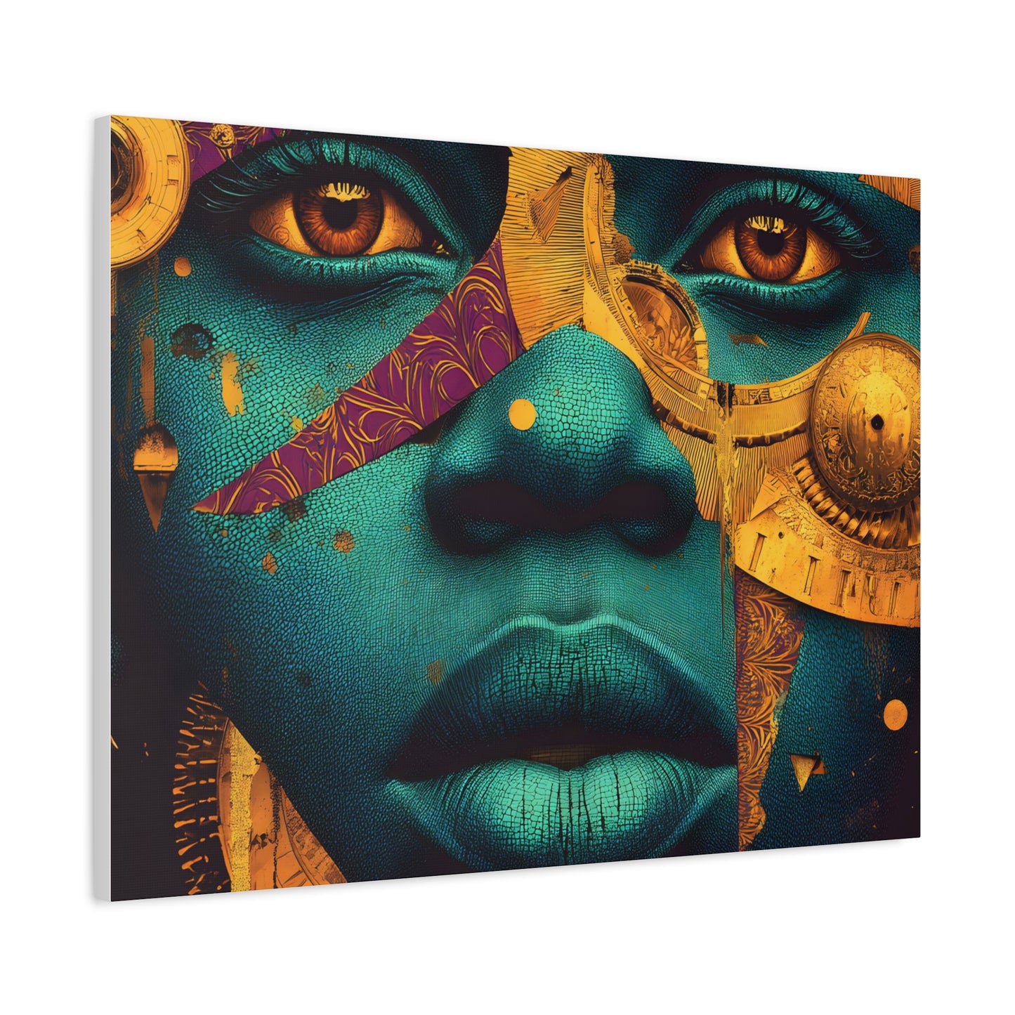 Afro-Futurist Portrait Matte Stretched Canvas — Teal & Gold Face Wall Art