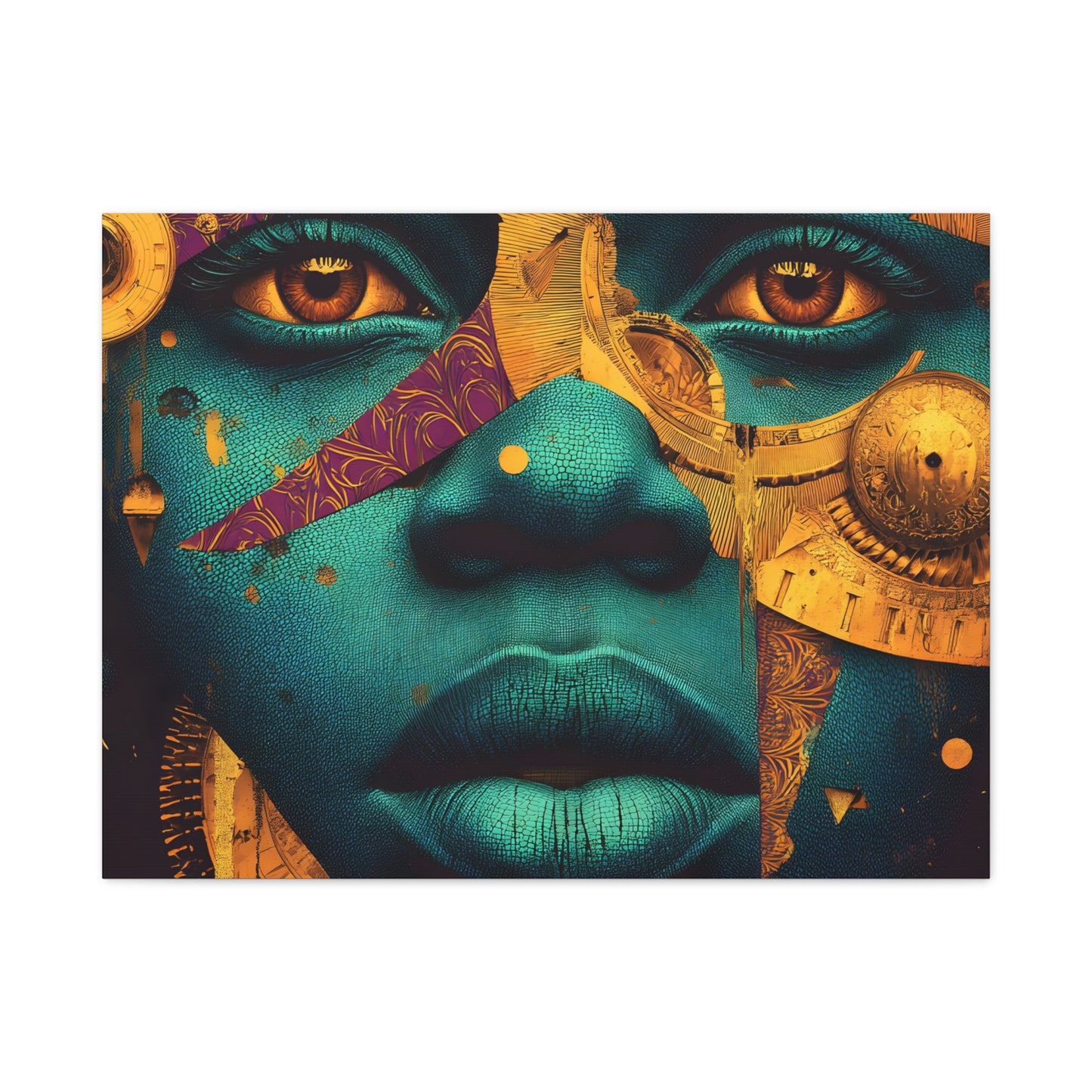 Afro-Futurist Portrait Matte Stretched Canvas — Teal & Gold Face Wall Art
