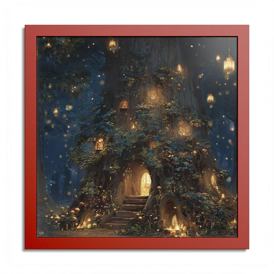 Enchanted Treehouse Poster Colored Frame, Fantasy Night Wall Art
