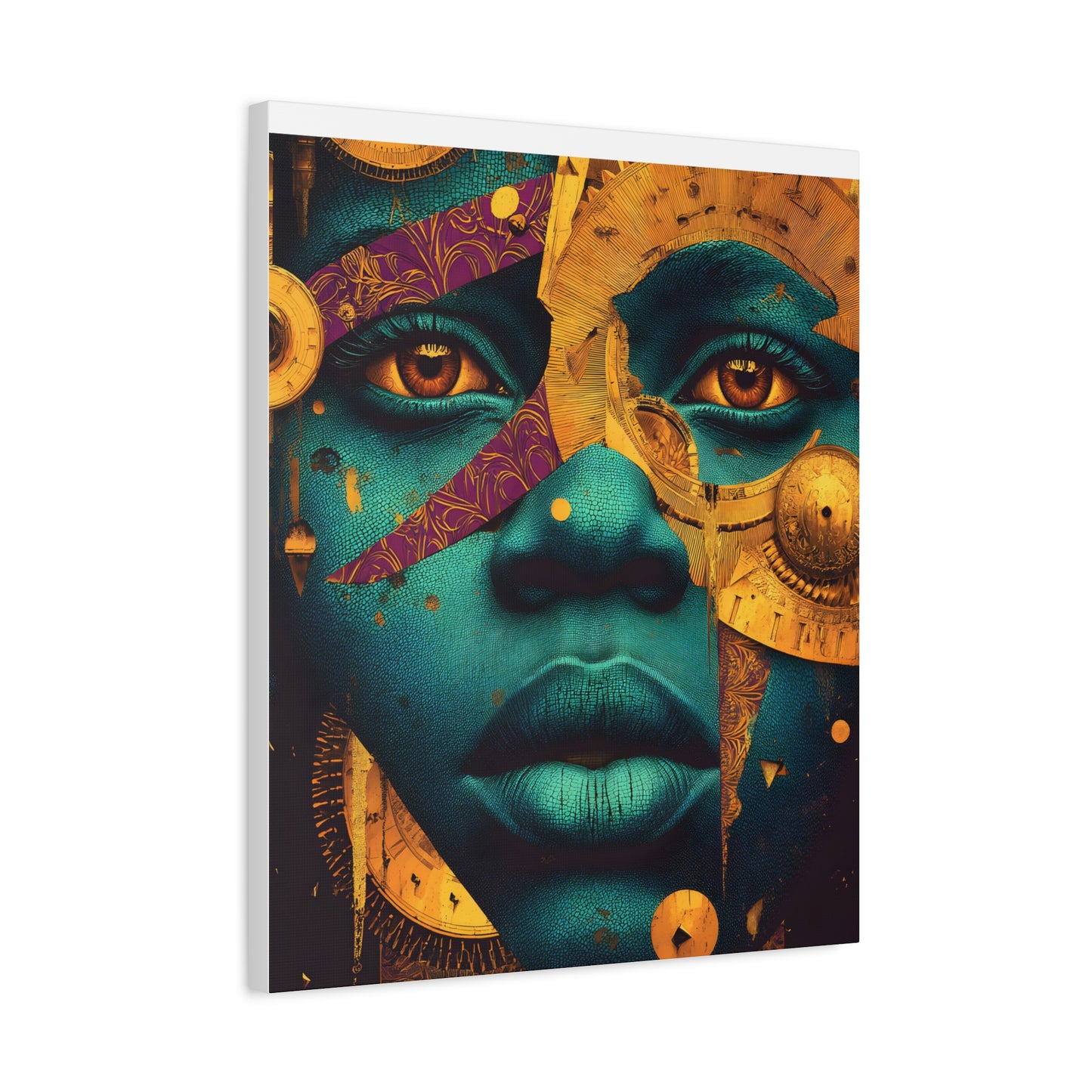 Afro-Futurist Portrait Matte Stretched Canvas — Teal & Gold Face Wall Art
