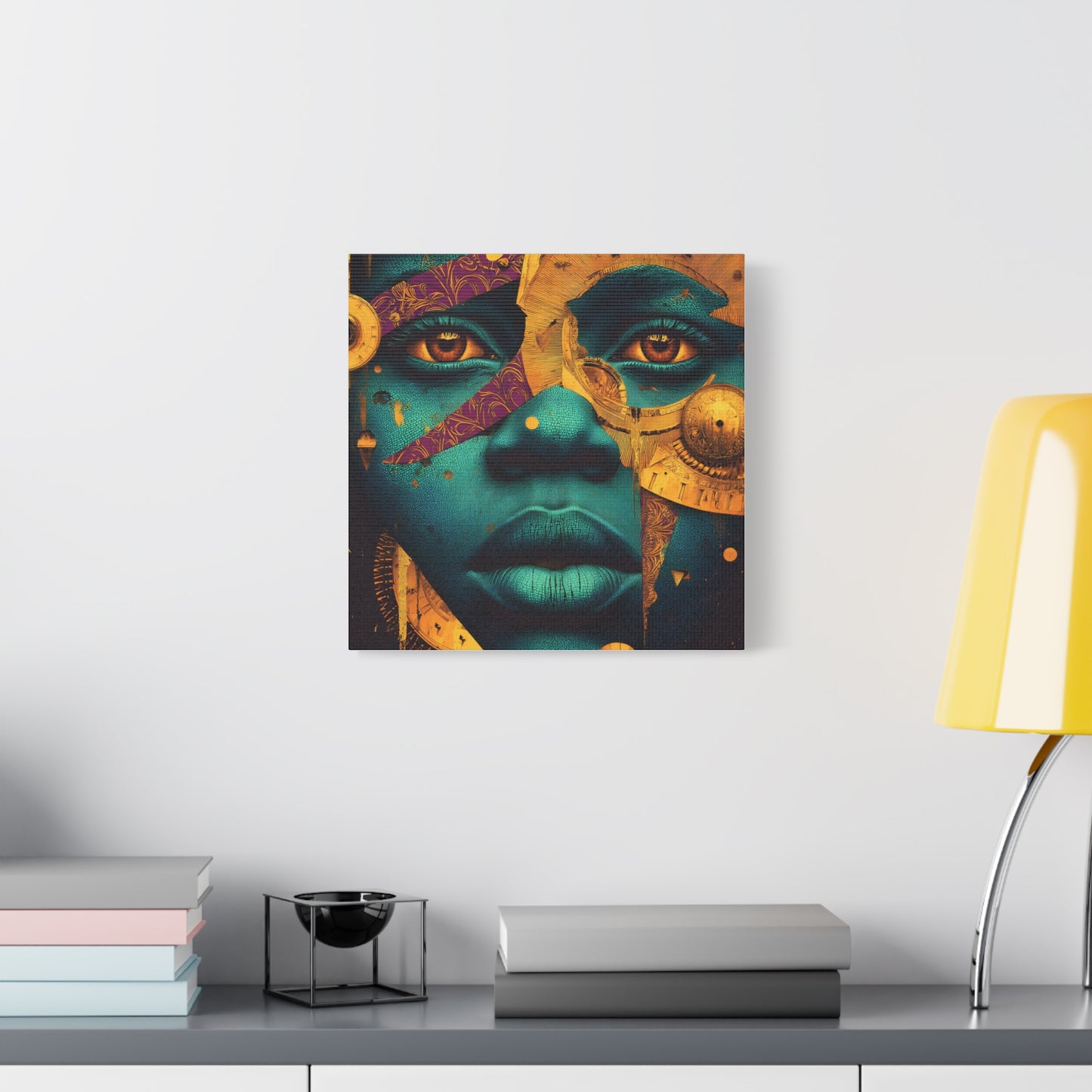 Afro-Futurist Portrait Matte Stretched Canvas — Teal & Gold Face Wall Art