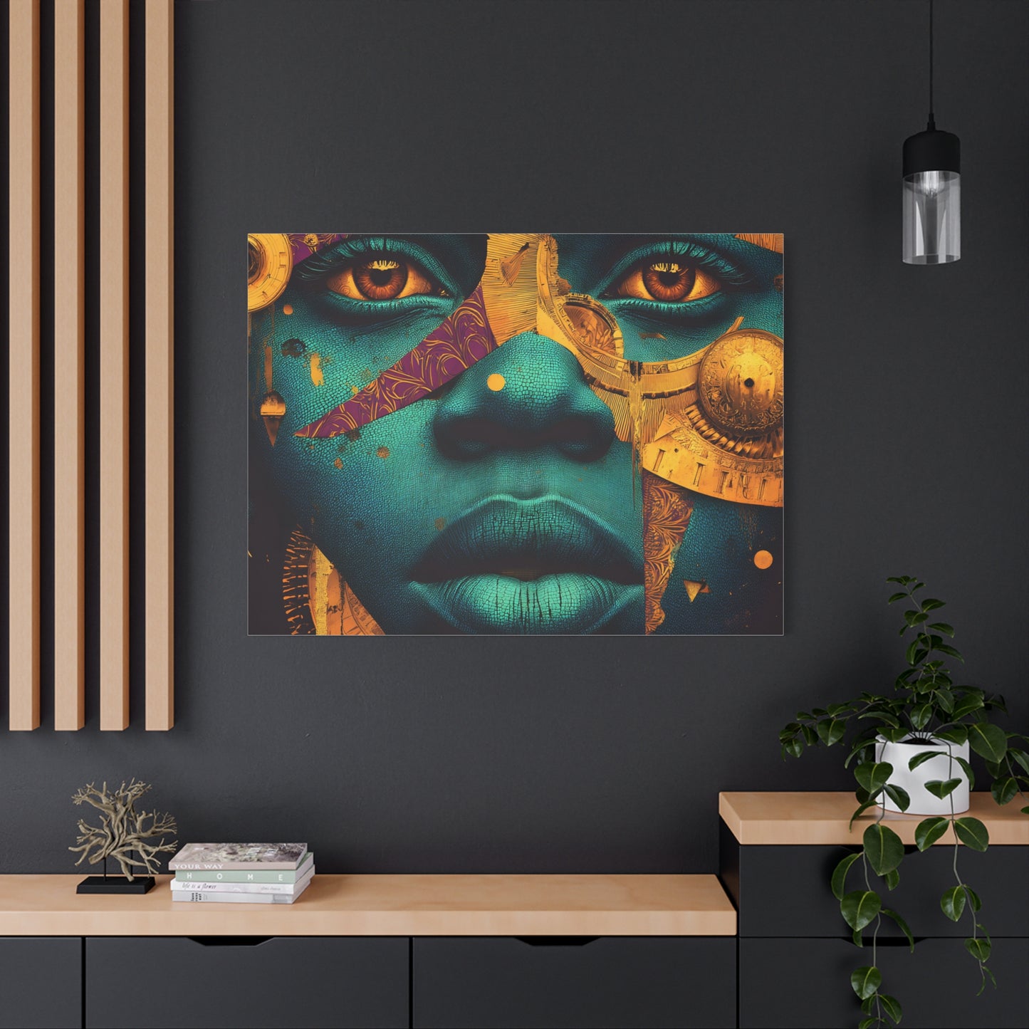 Afro-Futurist Portrait Matte Stretched Canvas — Teal & Gold Face Wall Art