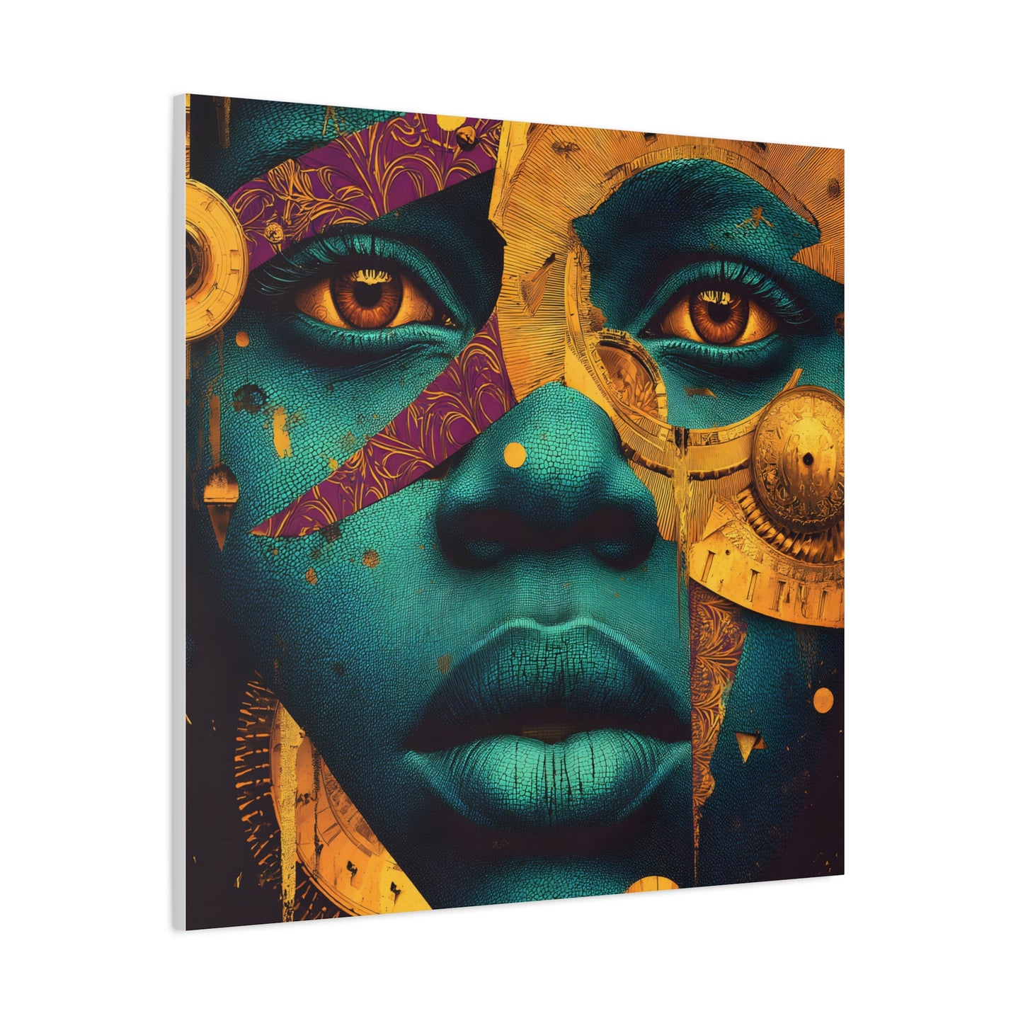 Afro-Futurist Portrait Matte Stretched Canvas — Teal & Gold Face Wall Art