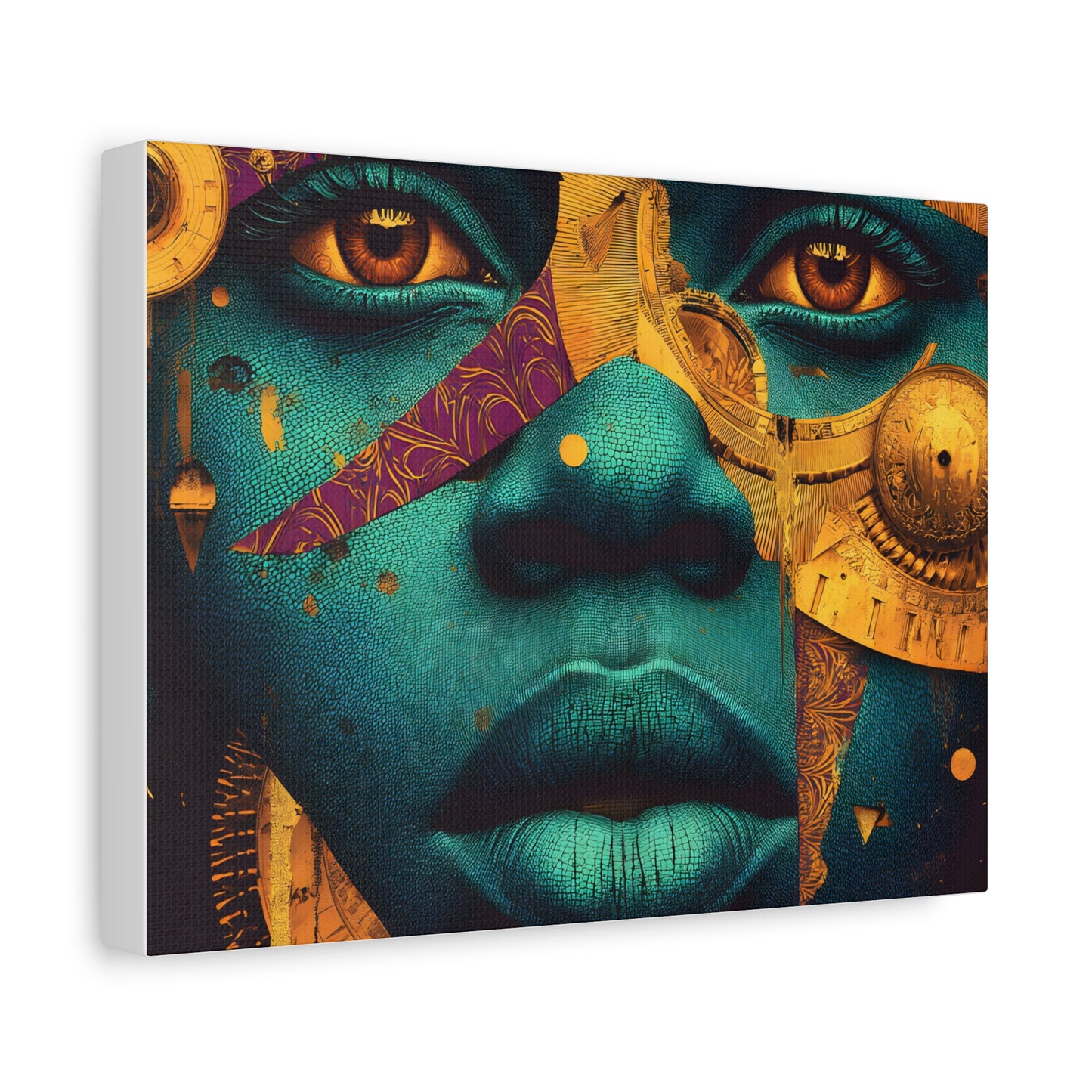 Afro-Futurist Portrait Matte Stretched Canvas — Teal & Gold Face Wall Art