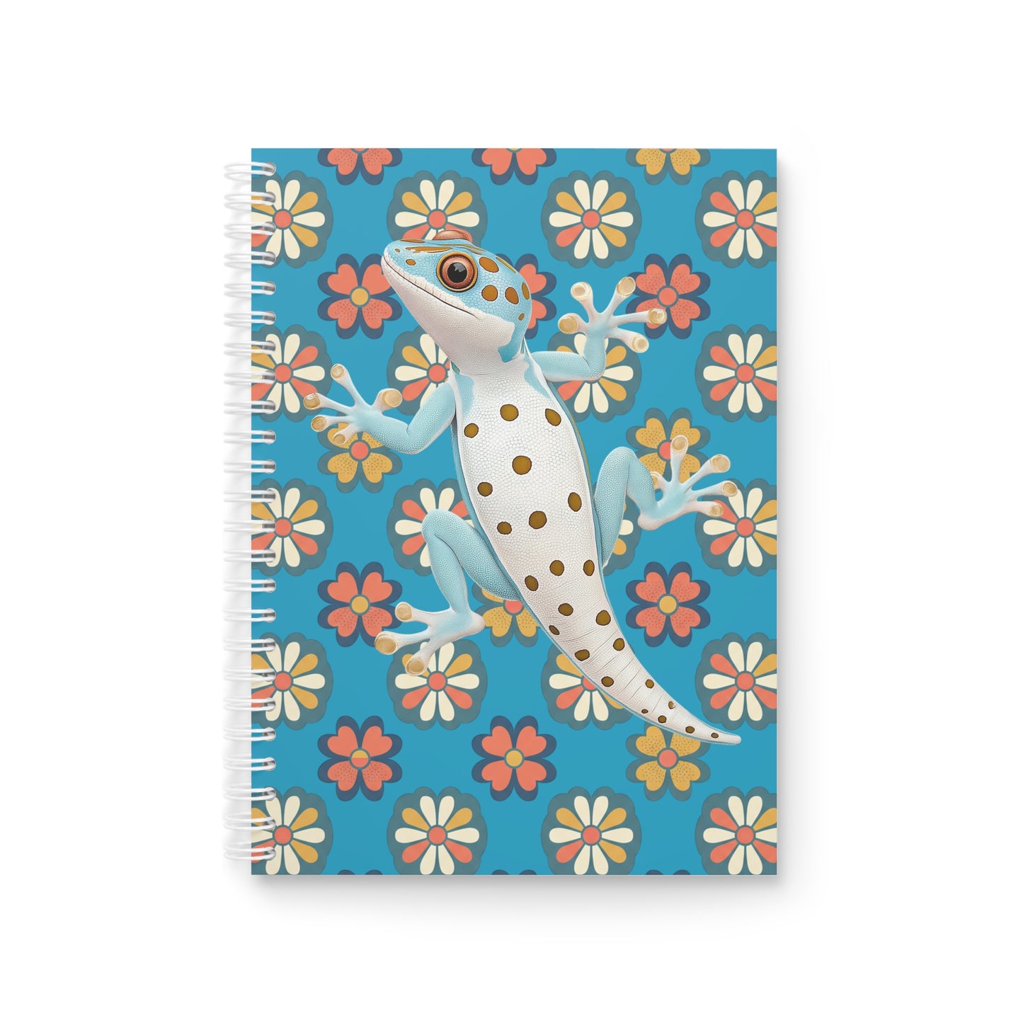 Gecko Floral Spiral Notebook — Cute Blue Gecko on Retro Daisy Pattern