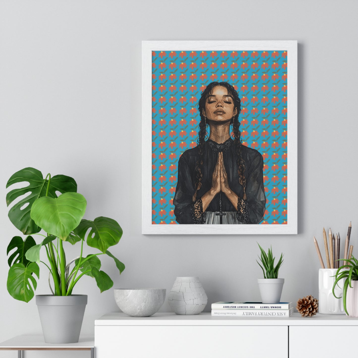 Serene Prayer Vertical Framed Poster, Meditation Art Print, Bohemian Wall Decor, Inspirational Home Decor, Gift for Her