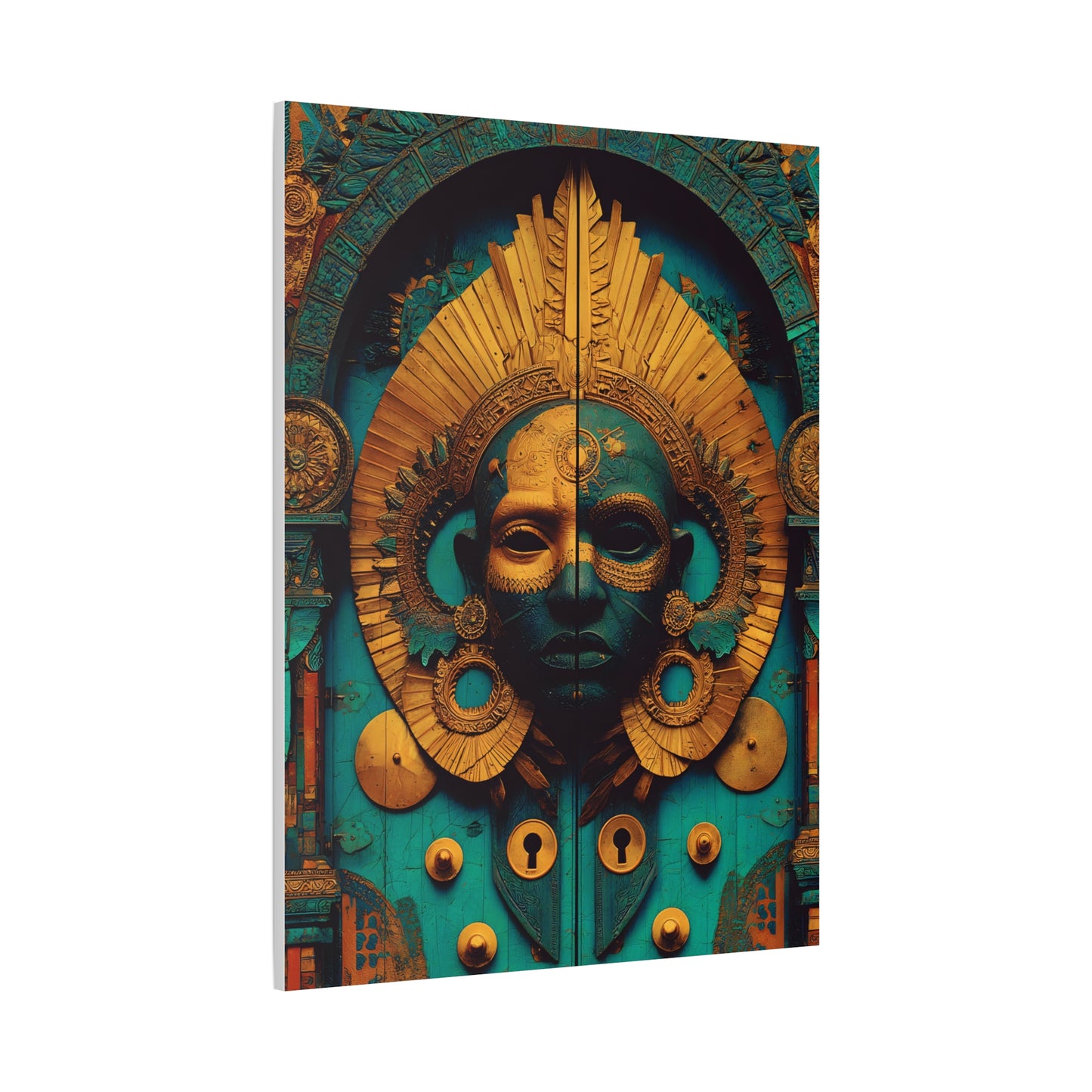Gold & Teal Tribal Mask Matte Canvas Art — Stretched Wall Decor