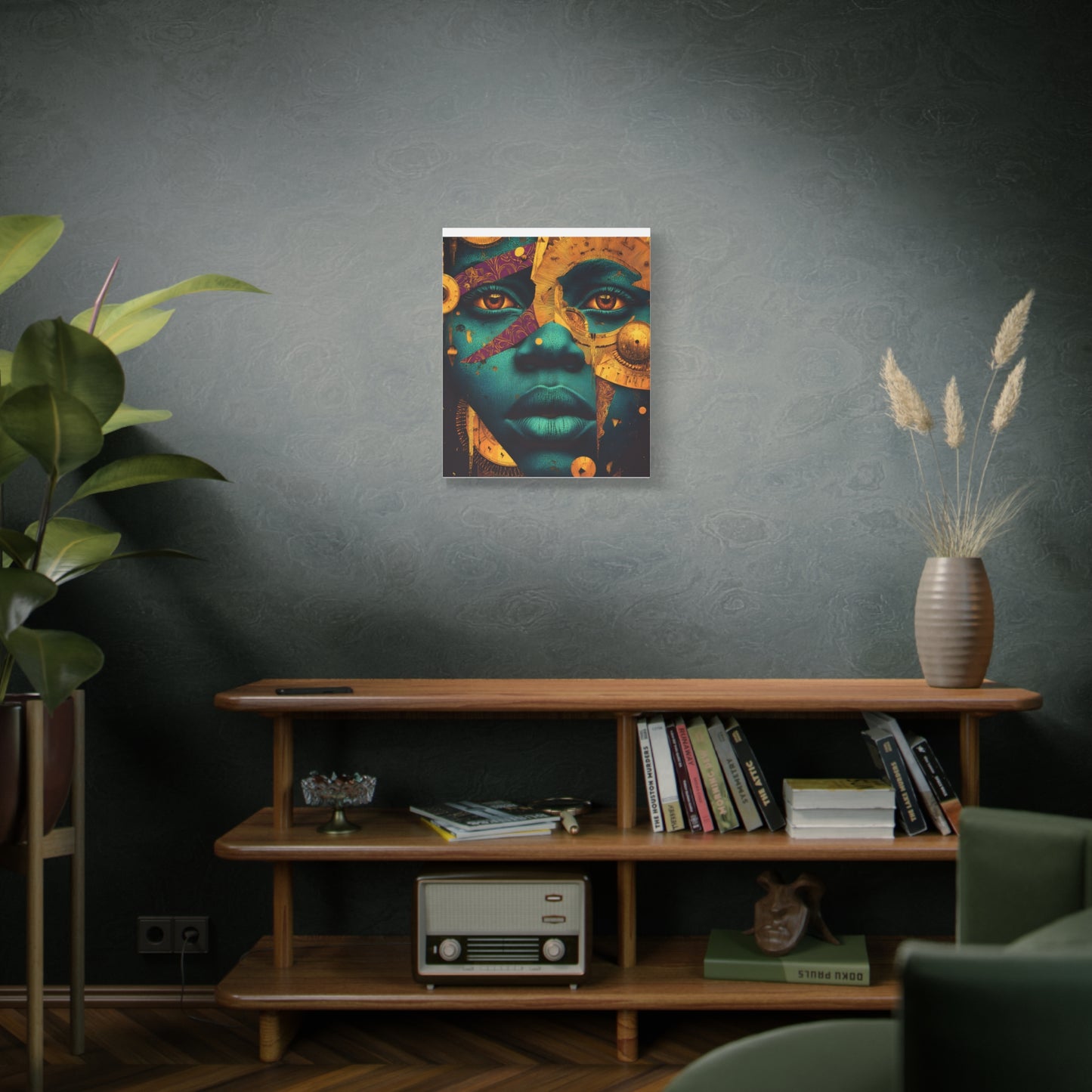 Afro-Futurist Portrait Matte Stretched Canvas — Teal & Gold Face Wall Art
