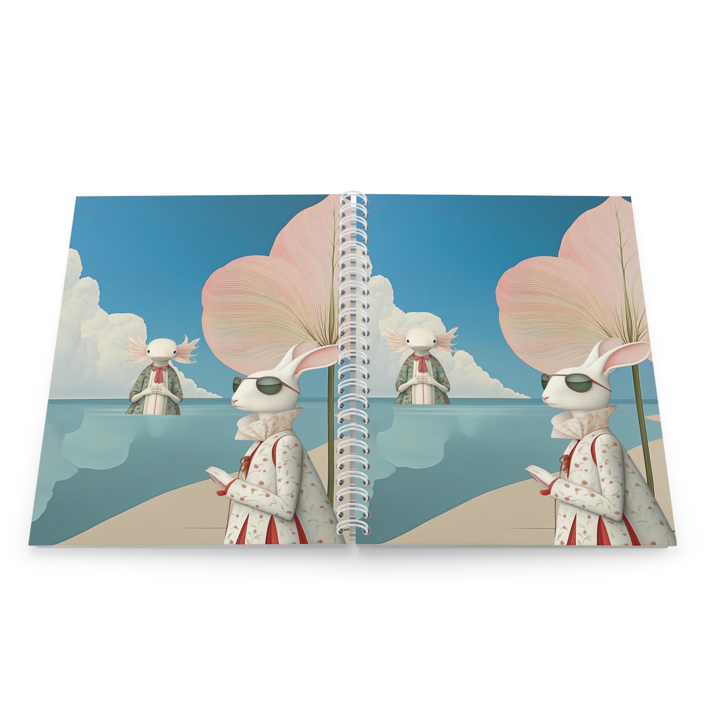 Whimsical Bunny & Axolotl Beach Spiral Notebook — Cute Surreal Journal for Kids & Teens