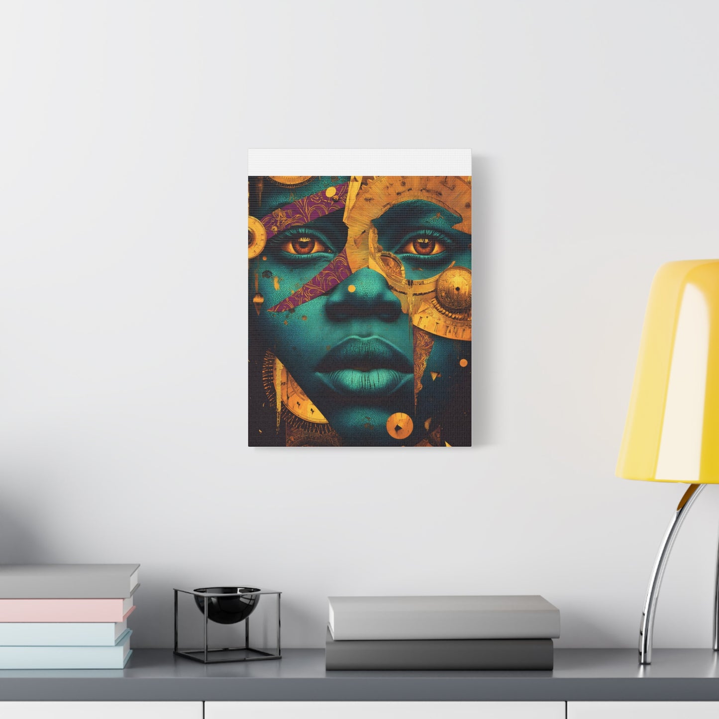 Afro-Futurist Portrait Matte Stretched Canvas — Teal & Gold Face Wall Art