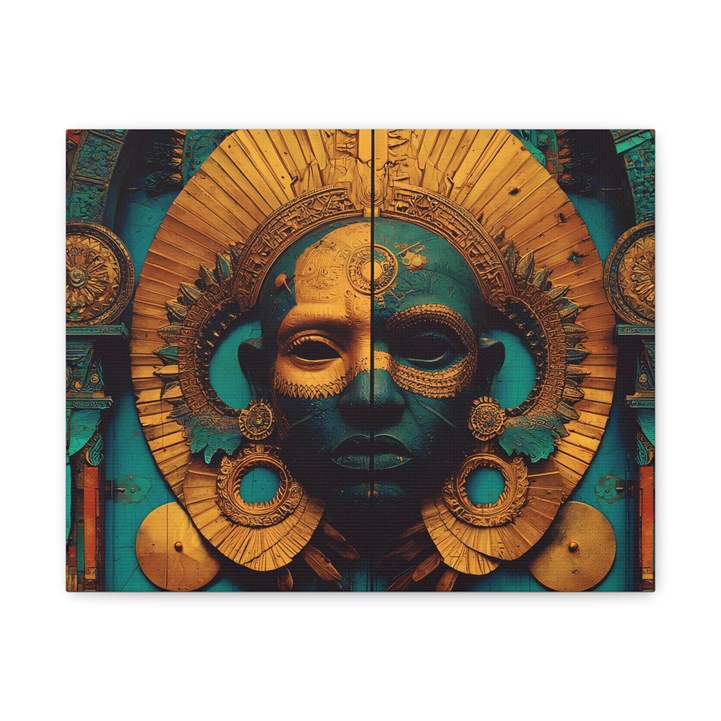 Gold & Teal Tribal Mask Matte Canvas Art — Stretched Wall Decor